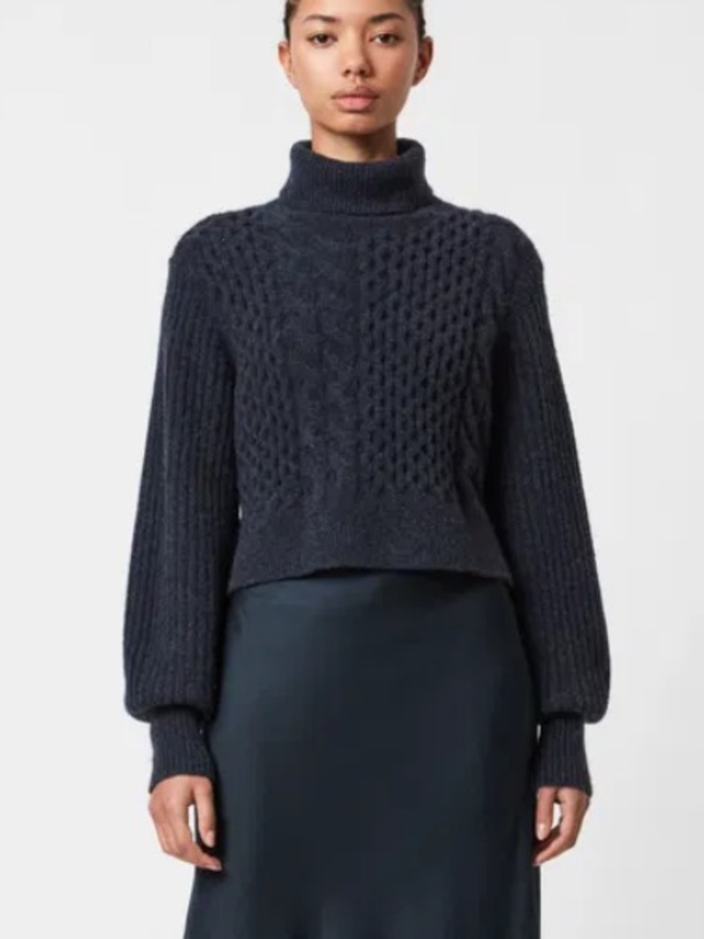 All Saints Claude Cropped Sweater Chunky Cable Knit Mock Neck Wool Blend SM Blue